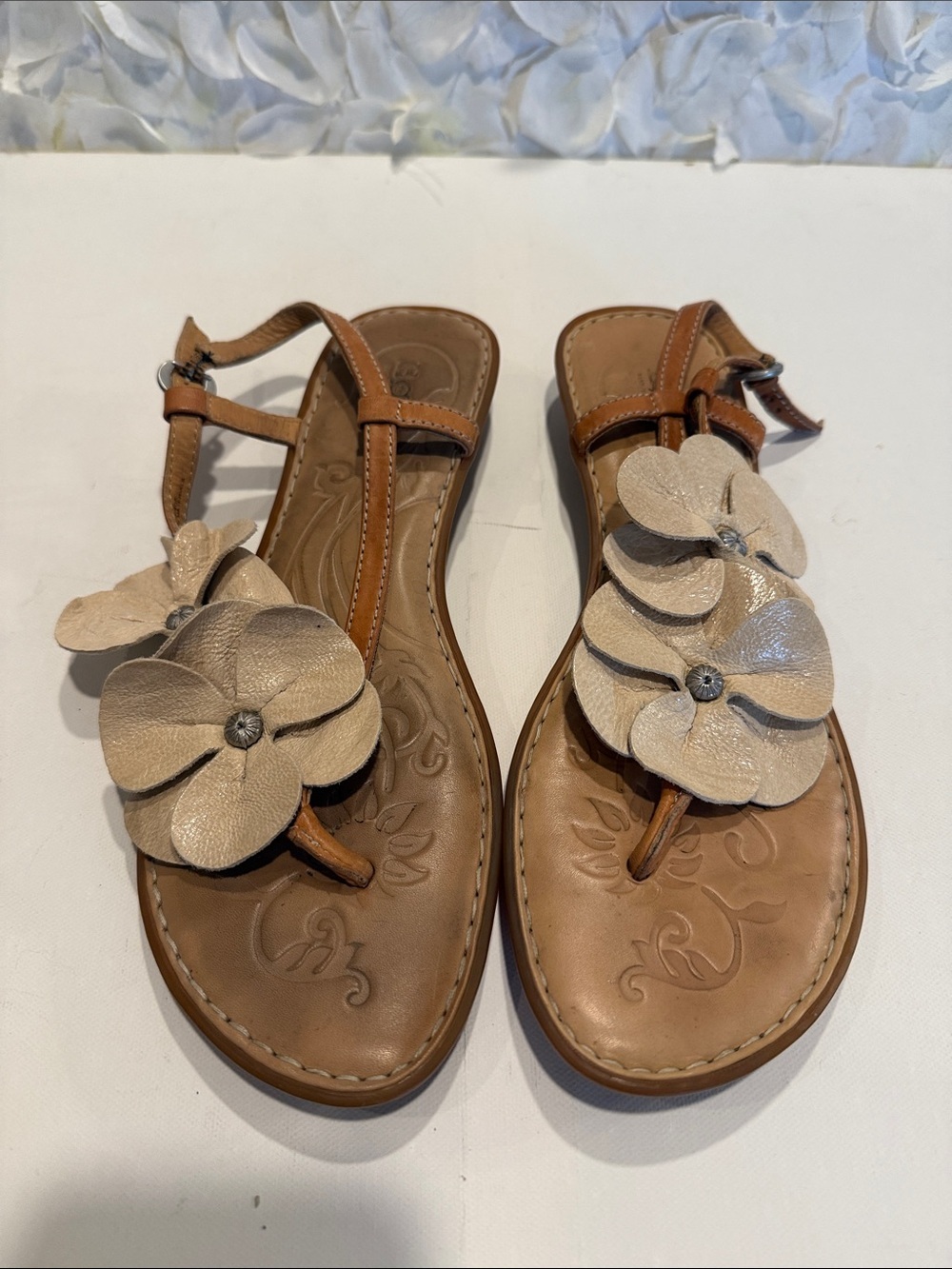 Born Brown Leather T-Strap Sandals with Cream Floral Accents